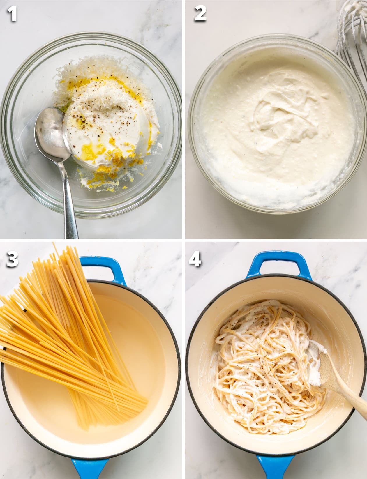 Step-by-step process of making ricotta lemon pasta: mixing ricotta, lemon zest and seasoning, whisking sauce, boiling spaghetti, and combining into a creamy dish.