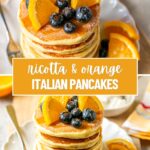 ricotta and orange pancakes, image with text for Pinterest.