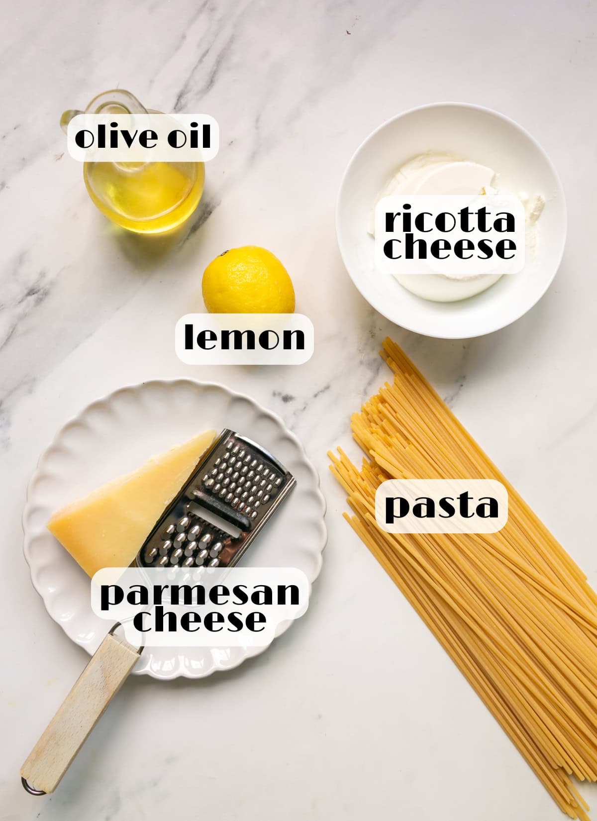 ricotta lemon pasta ingredients: ricotta cheese, lemon, pasta, olive oil, parmesan cheese