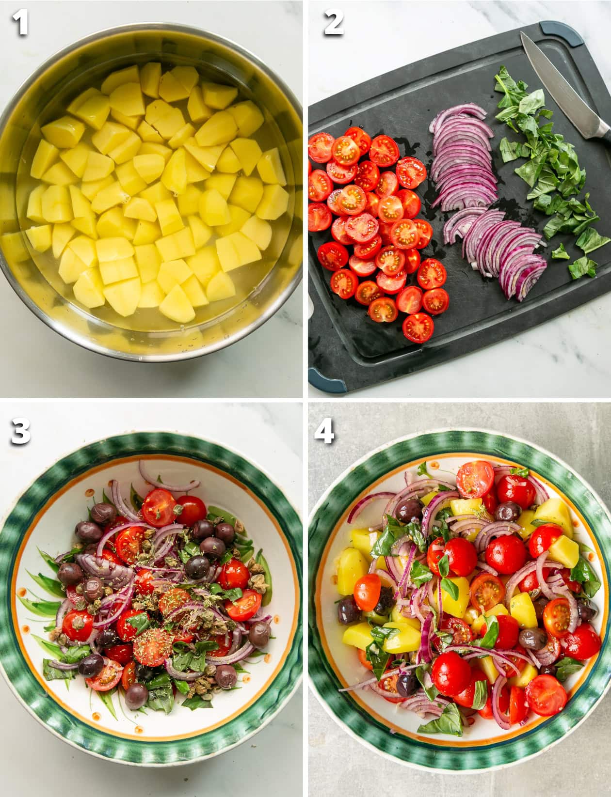 Step-by-step collage showing how to make italian potato salad: cube and boil potatoes, slice tomatoes and red onion, mix with olives, capers, and basil, then toss everything together.