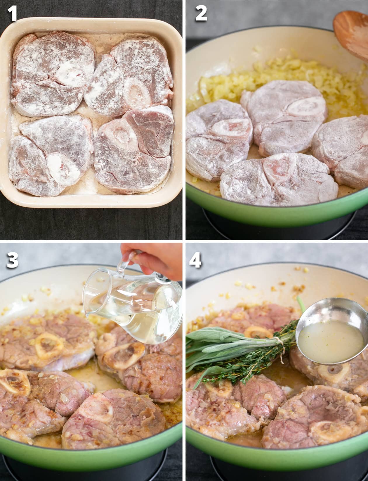 Four steps showing how to make ossobuco alla Milanese, from browning the veal shanks to braising