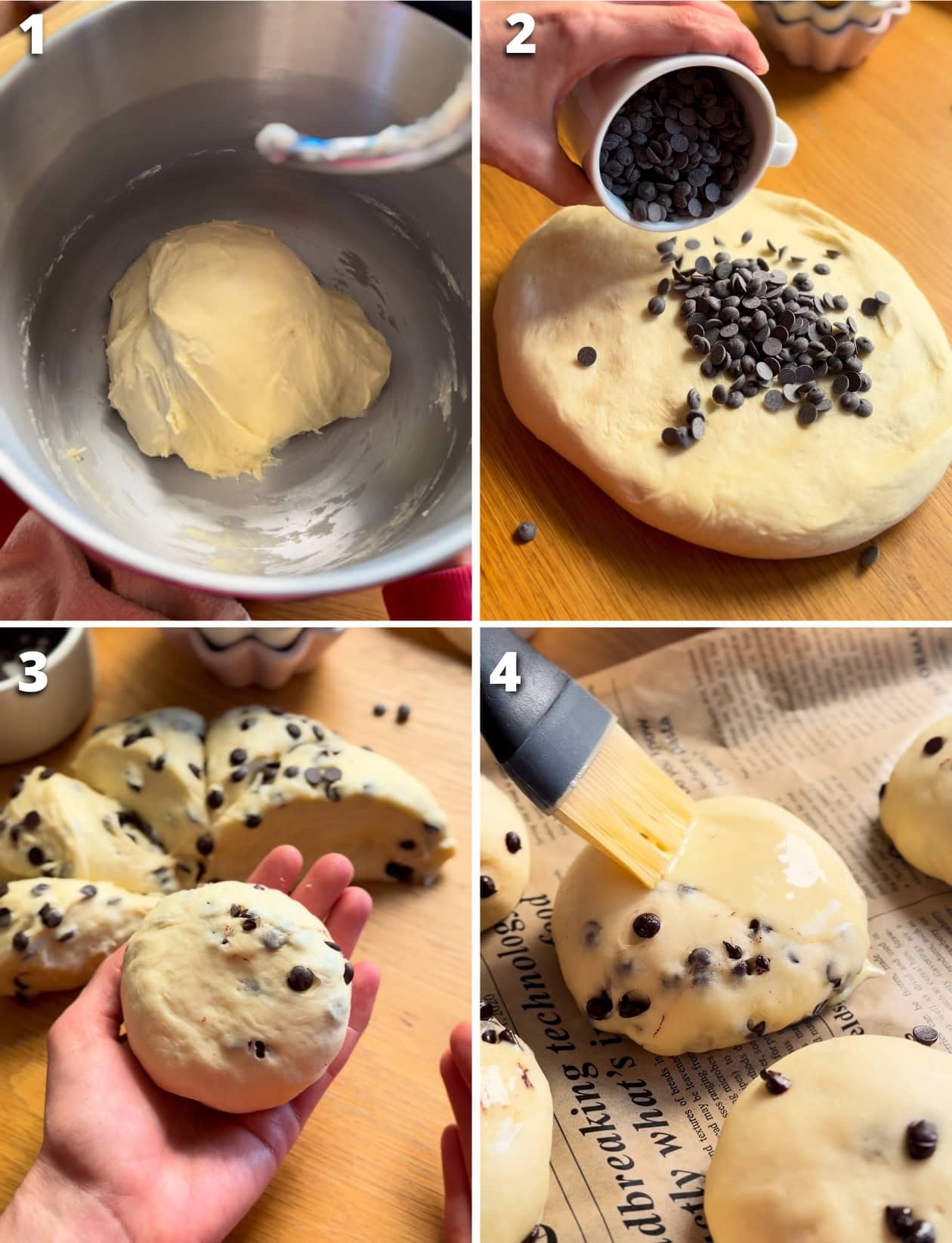 Step-by-step photos of making pangoccioli: kneading the dough, adding chocolate chips, shaping the buns and brushing with egg wash